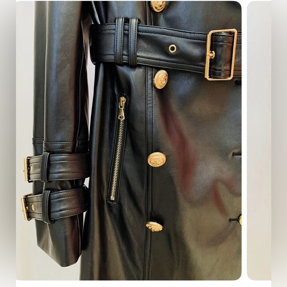 Black and gold button leather trench coat - Picture 2 of 6
